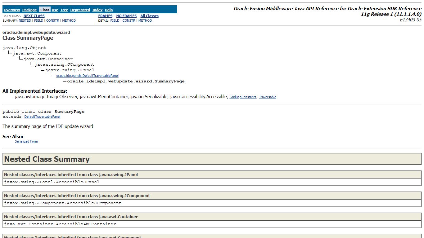 SummaryPage (Oracle Fusion Middleware Java API Reference for Oracle ...