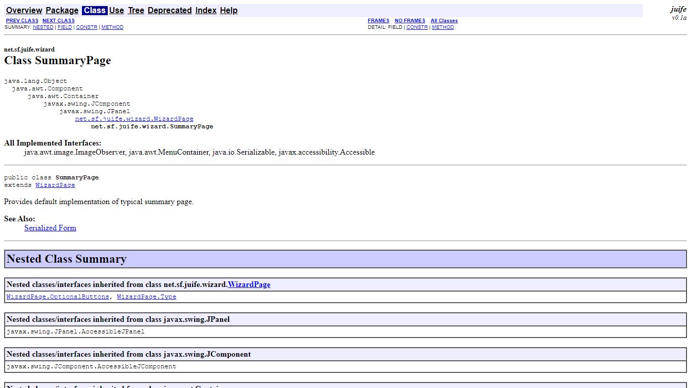 SummaryPage (juife 0.1a API specification)